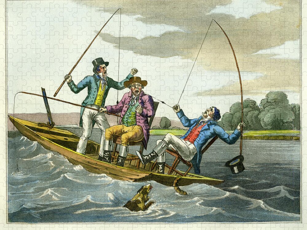 Fishing Jigsaw Puzzle featuring the mixed media A Sharp Bite by unsigned attributed to Edward Barnard