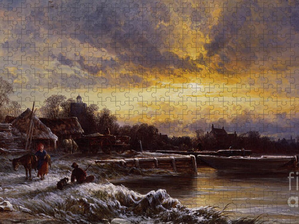 Sunset Jigsaw Puzzle featuring the painting A Winter Landscape, Evening By George Augustus Williams by George Augustus Williams