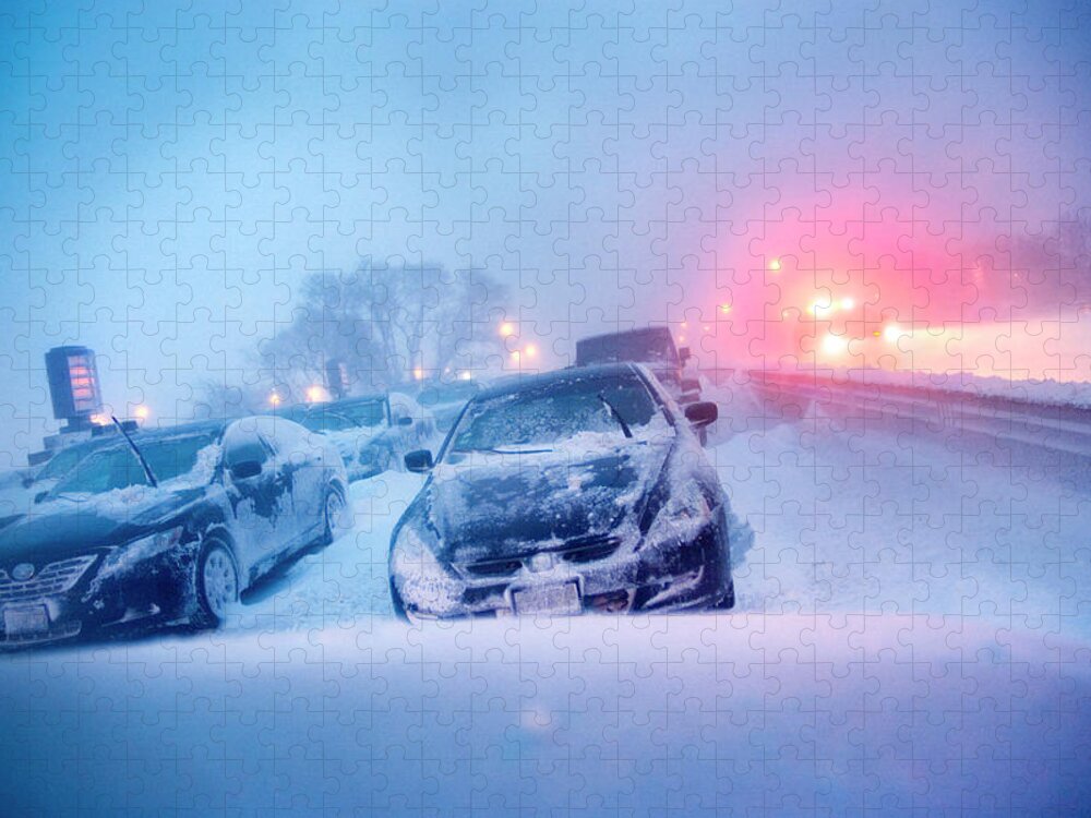 Snow Jigsaw Puzzle featuring the photograph Abandoned Cars On Lake Shore Drive In by Jason Walley