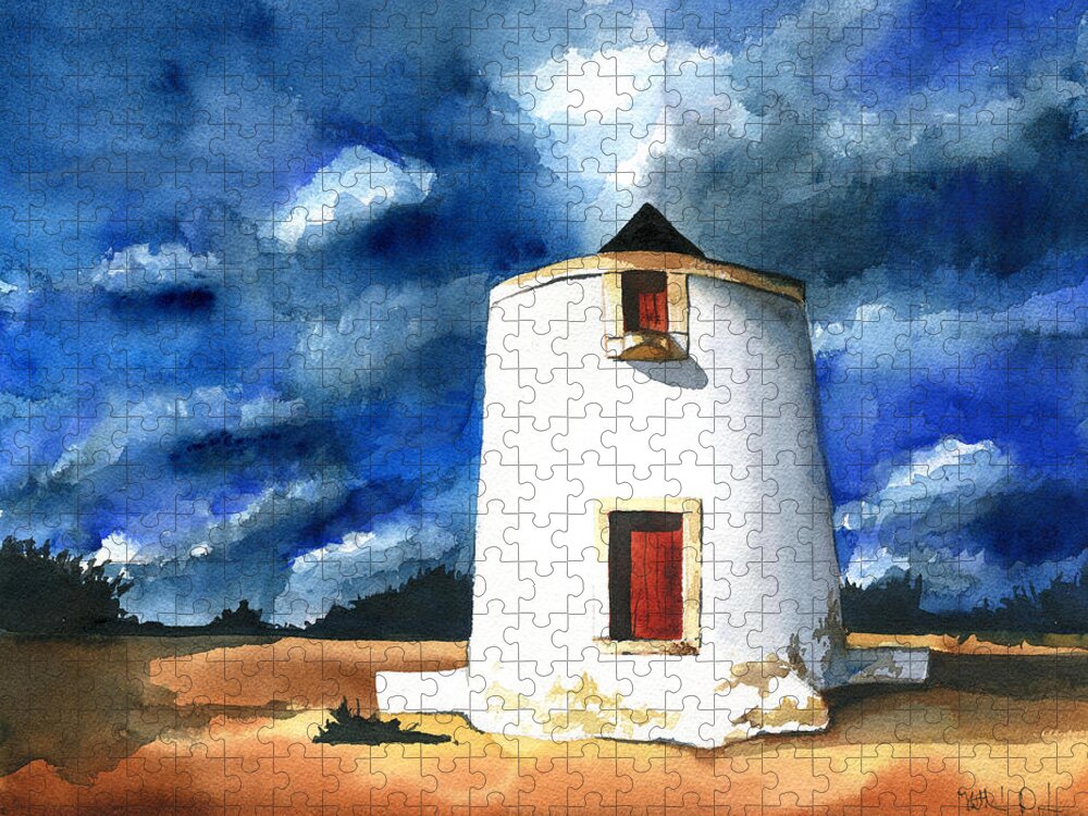 Portugal Jigsaw Puzzle featuring the painting Abandoned Portuguese Windmill by Dora Hathazi Mendes