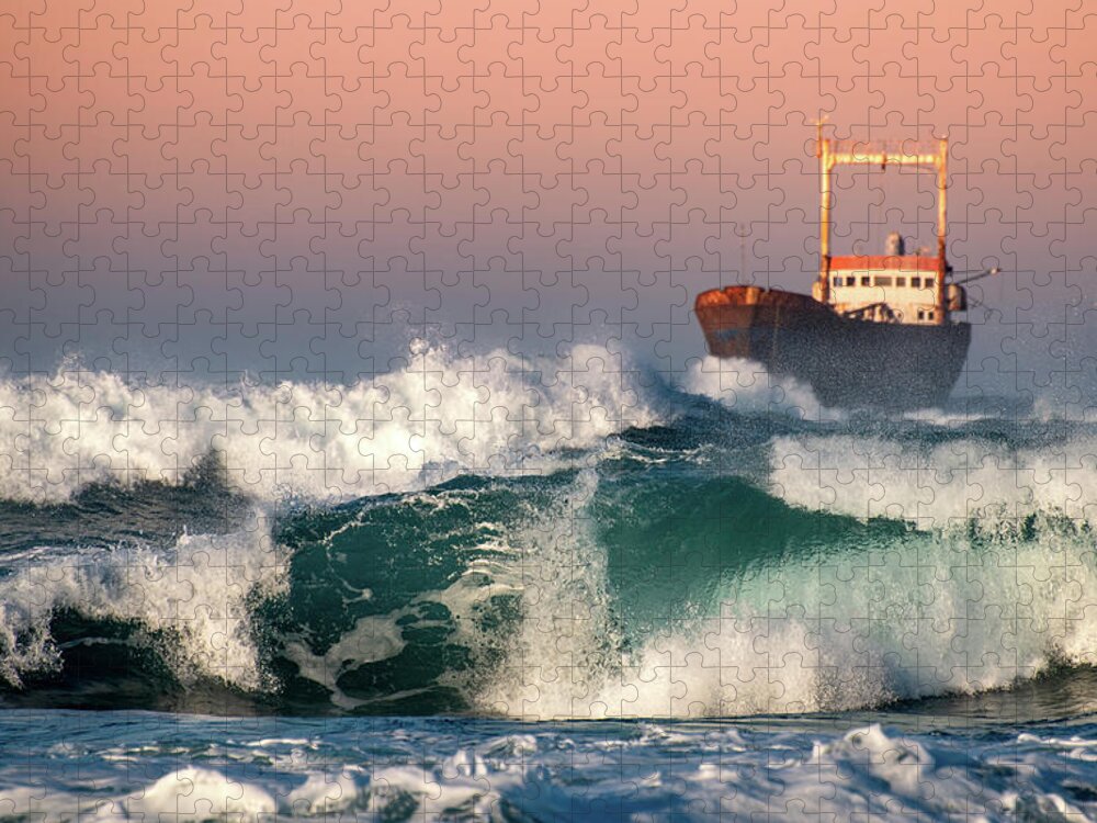 Sea Jigsaw Puzzle featuring the photograph Abandoned Ship and the stormy waves by Michalakis Ppalis