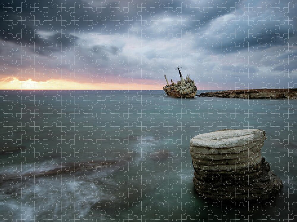 Seascape; Coastline; Sunset; Sundown Jigsaw Puzzle featuring the photograph Abandoned Ship EDRO III Cyprus by Michalakis Ppalis