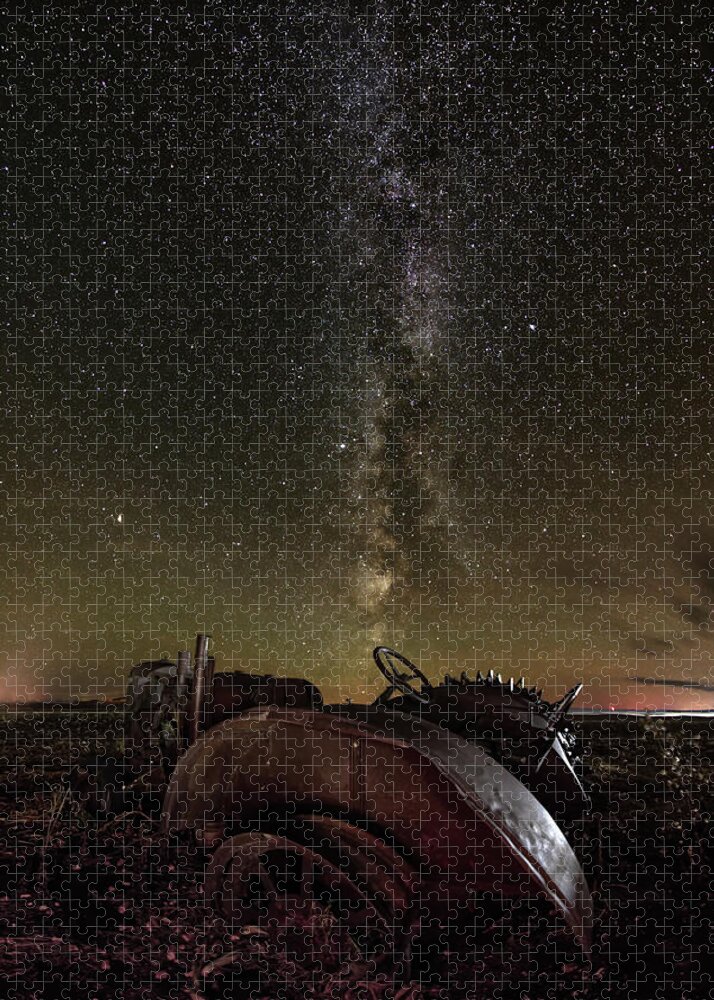 Milky Way Stars Astronomy Astroscape Nightscape Galaxy Tractor Abandoned Vintage Case John Deere Antique Rust Corn Field Stubble Scenic Landscape Horizontal Metal Steampunk North Dakota Nd Rural Ag Agriculture Farming  Jigsaw Puzzle featuring the photograph Abandoned Tractor headed towards Milky Way by Peter Herman