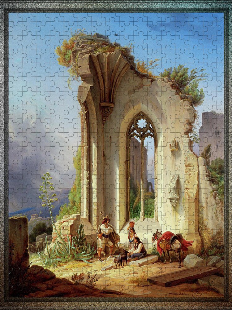 Abbey In Ruins In Valencia Countryside Jigsaw Puzzle featuring the painting Abbey in Ruins in Valencia Countryside by Wilhelm Gail by Rolando Burbon