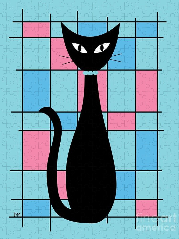 Mid Century Modern Jigsaw Puzzle featuring the digital art Abstract Cat in Blue and Pink by Donna Mibus