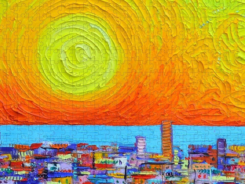 Barcelona Jigsaw Puzzle featuring the painting ABSTRACT CITY PATTERNS AT SUNRISE textural impressionist impasto knife cityscape Ana Maria Edulescu by Ana Maria Edulescu