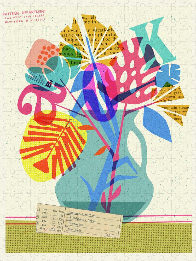 Abstract Jigsaw Puzzle featuring the drawing Abstract Flower Bouquet Collage by CSA Images