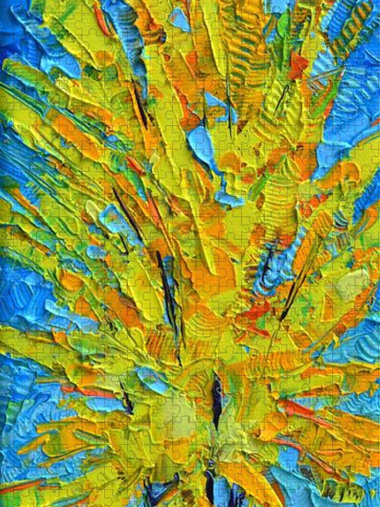 Spring Jigsaw Puzzle featuring the painting ABSTRACT FORSYTHIA textural impressionist impasto palette knife oil painting by Ana Maria Edulescu by Ana Maria Edulescu