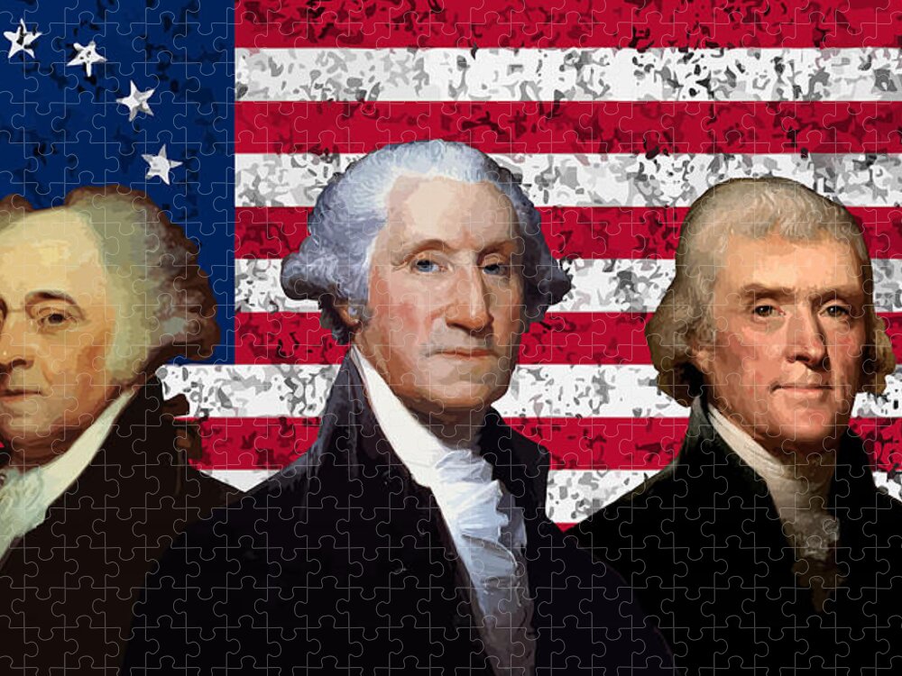 Thomas Jefferson Jigsaw Puzzle featuring the digital art Adams, Washington, and Jefferson - Betsy Ross Flag Graphic by War Is Hell Store