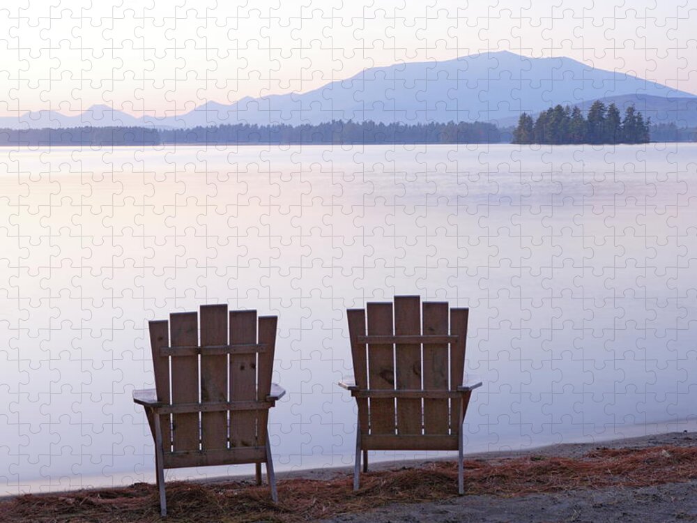 Tranquility Jigsaw Puzzle featuring the photograph Adirondack Chairs On Millinocket Lake by Franz Marc Frei