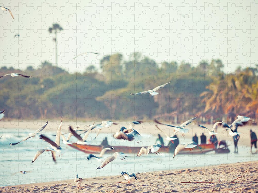 Outdoors Jigsaw Puzzle featuring the photograph African Fishing Boat And Seabirds by Peeterv