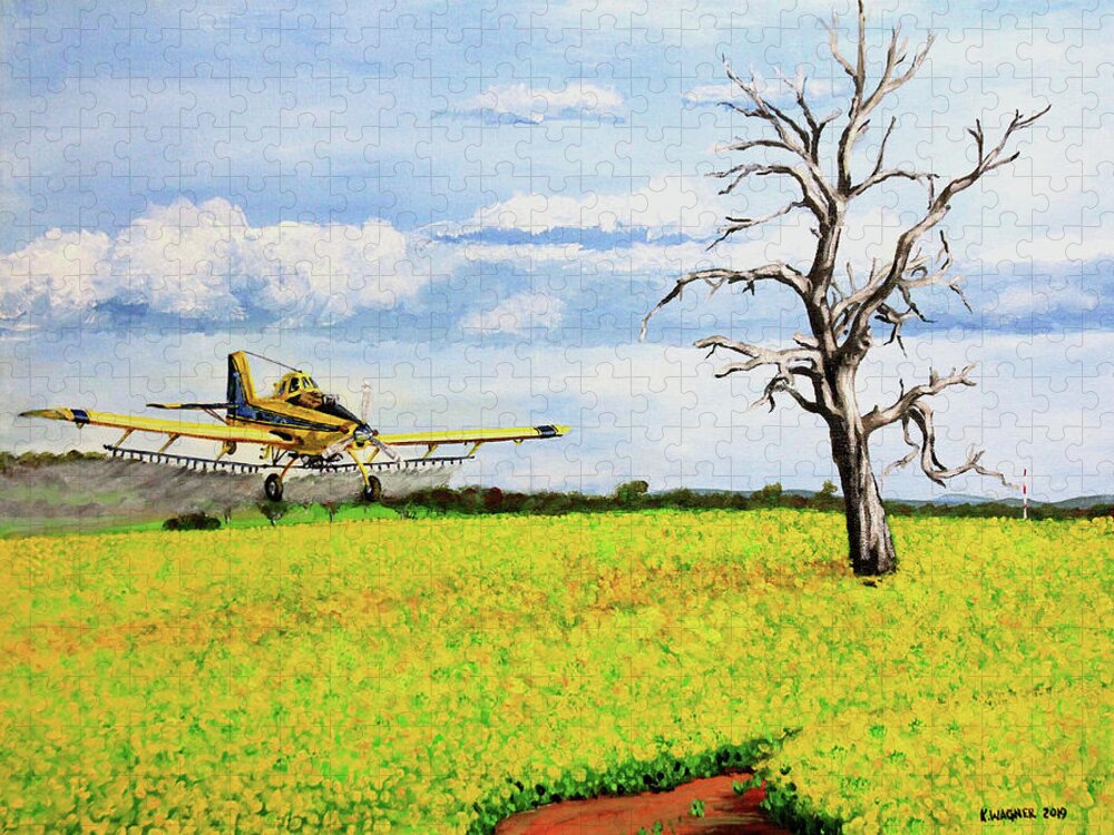 Aircraft Jigsaw Puzzle featuring the painting Air Tractor Spraying Canola Fields by Karl Wagner