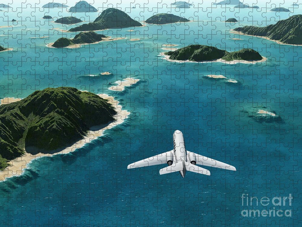 Atmosphere Puzzle featuring the digital art Aircraft Flies Over A Sea by Photobank Gallery