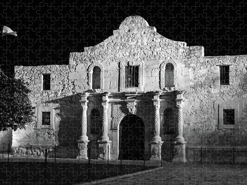 America Jigsaw Puzzle featuring the photograph Alamo Mission Panorama - San Antonio Texas Monochrome by Gregory Ballos