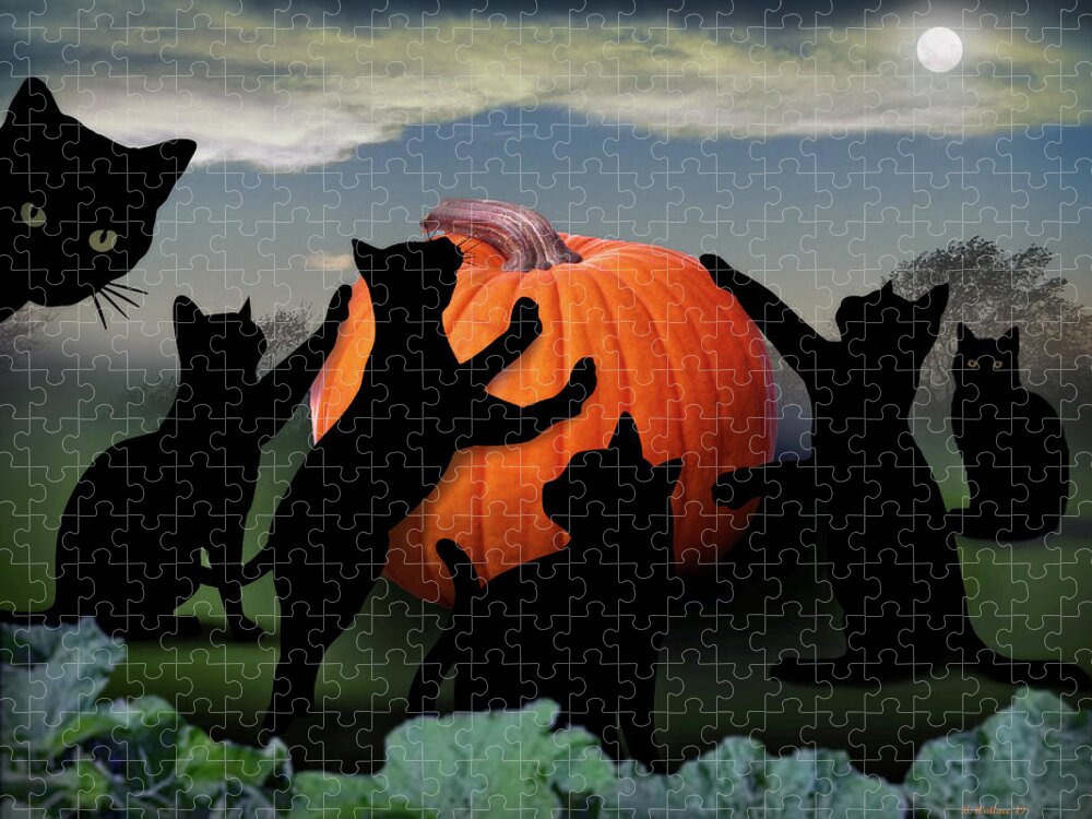 2d Jigsaw Puzzle featuring the digital art All Hallows Eve Black Cats by Brian Wallace