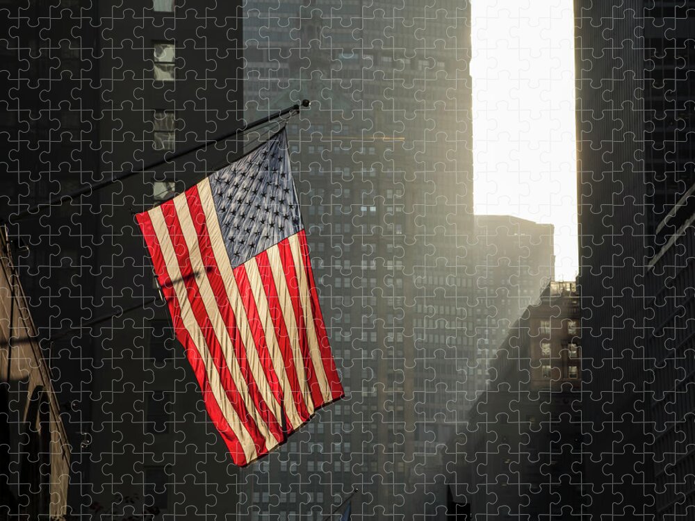 Shadow Jigsaw Puzzle featuring the photograph American Flag In New York City by John Manno