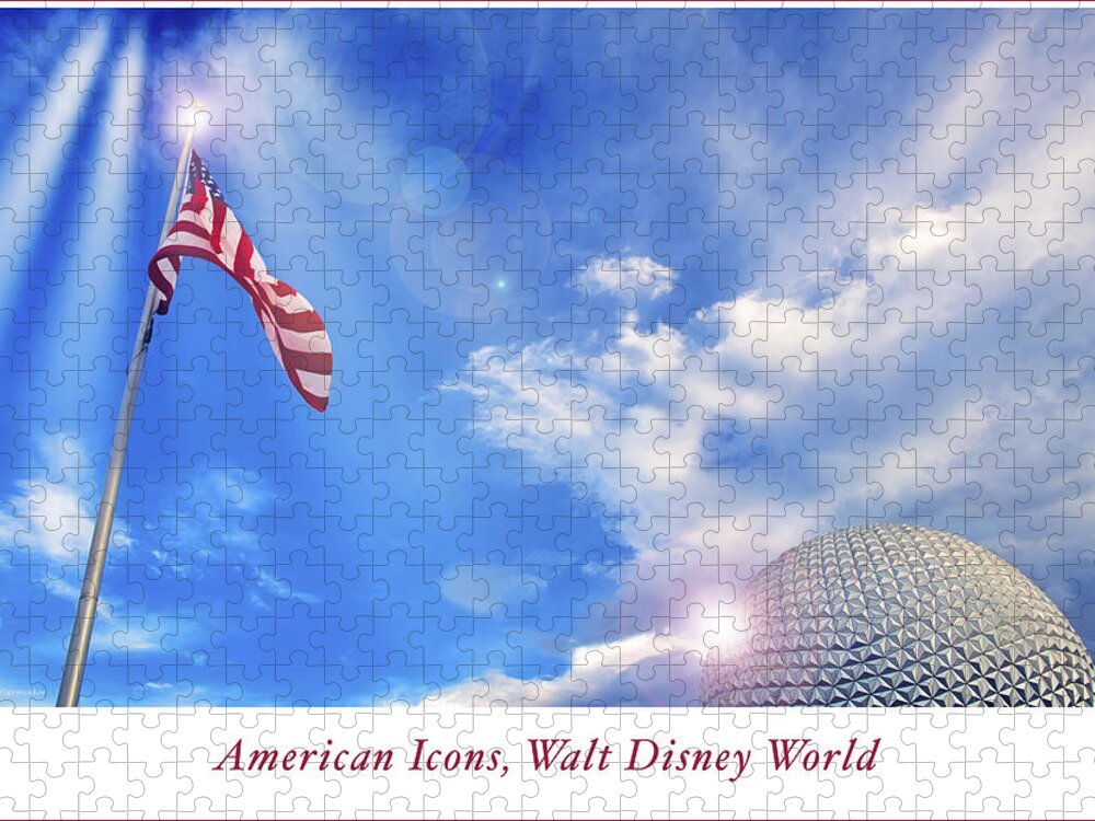 American Icons Jigsaw Puzzle featuring the photograph American Icons, Old Glory, EPCOT Spaceship Earth by A Macarthur Gurmankin
