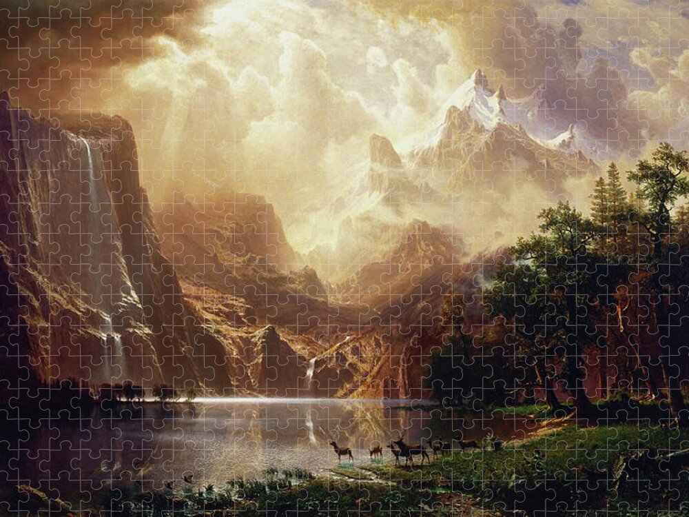 Among The Sierra Nevada Jigsaw Puzzle featuring the painting Among the Sierra Nevada, California by Albert Bierstadt by Rolando Burbon