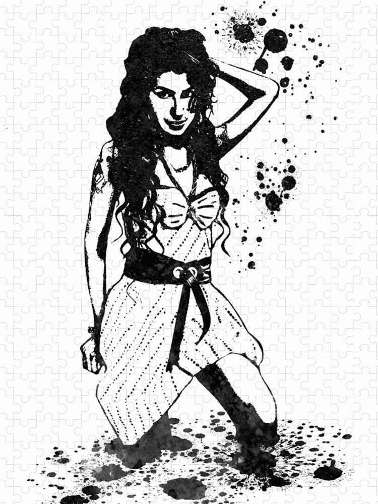 Amy Winehouse Jigsaw Puzzle featuring the painting Amy Winehouse Black and White Watercolor 02 by SP JE Art