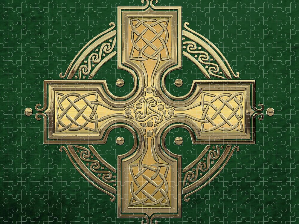‘celtic Treasures’ Collection By Serge Averbukh Jigsaw Puzzle featuring the digital art Ancient Gold Celtic Knot Cross over Green Velvet by Serge Averbukh