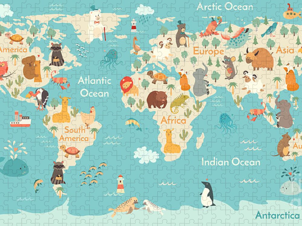 Animals World Map For Children Kids Jigsaw Puzzle by Z - Pixels
