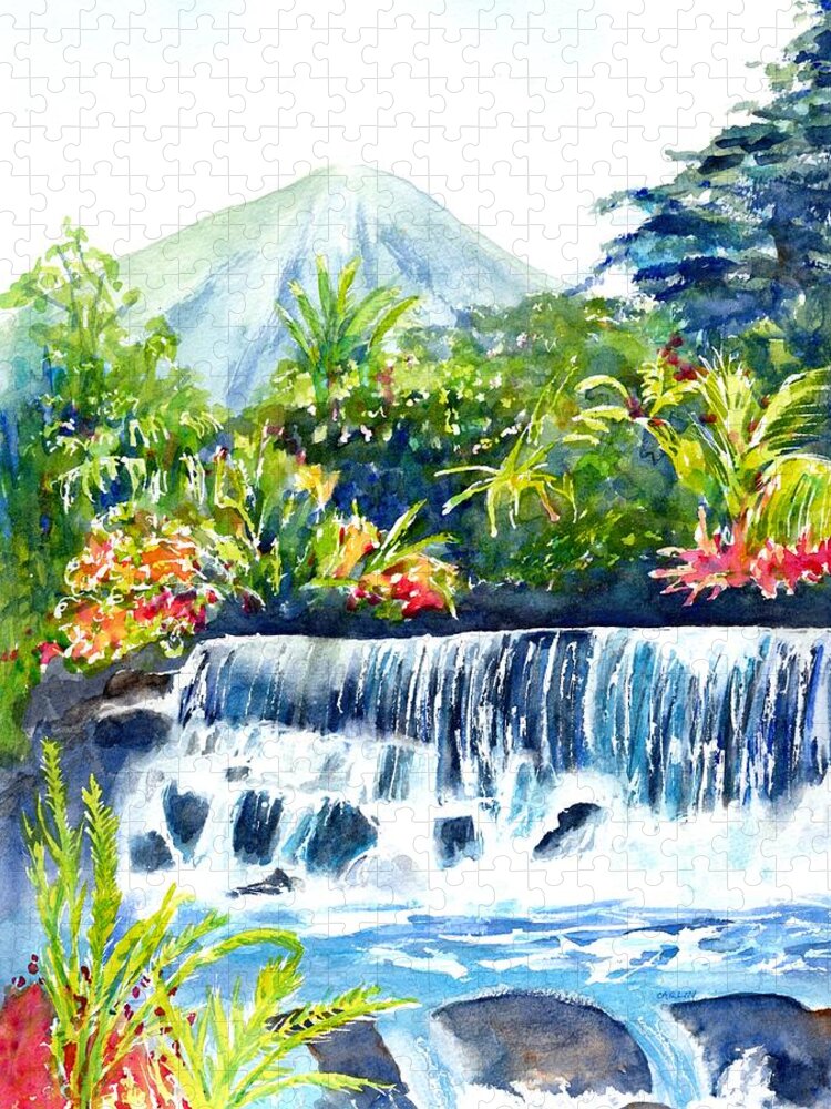 Costa Rica Jigsaw Puzzle featuring the painting Arenal Volcano Costa Rica by Carlin Blahnik CarlinArtWatercolor