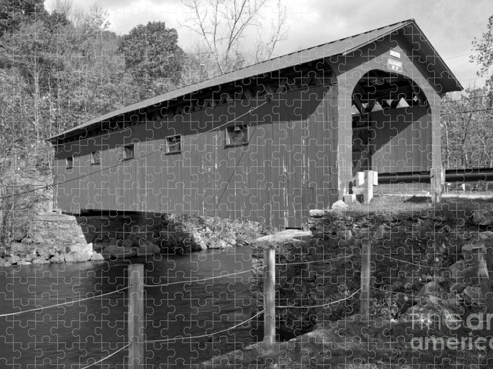 Arlington Green Covered Bridge Jigsaw Puzzle featuring the photograph Arlington Green Covered Bridge Black And White by Adam Jewell