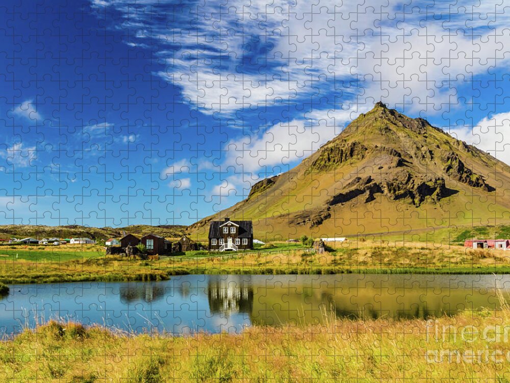 Arnarstapi Jigsaw Puzzle featuring the photograph Arnarstapi Amtmansshus and Mount Stapafell, Iceland by Lyl Dil Creations