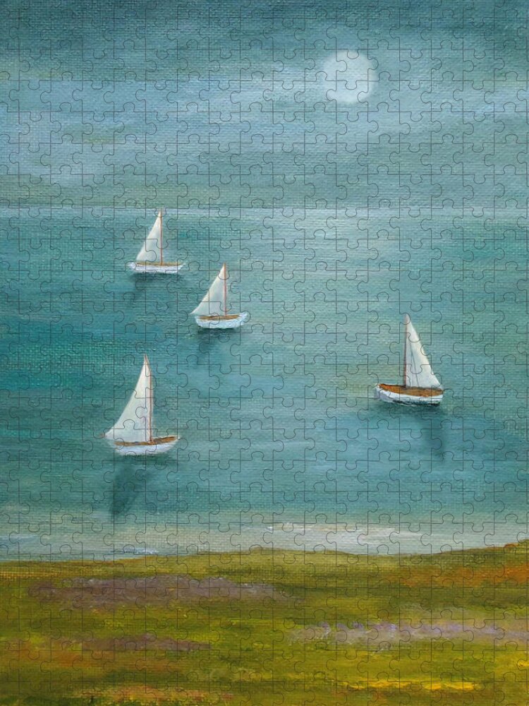Sailboat Jigsaw Puzzle featuring the painting Under The Moonglade by Angeles M Pomata