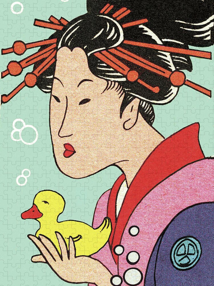 Animal Jigsaw Puzzle featuring the drawing Asian woman with rubber duck by CSA Images