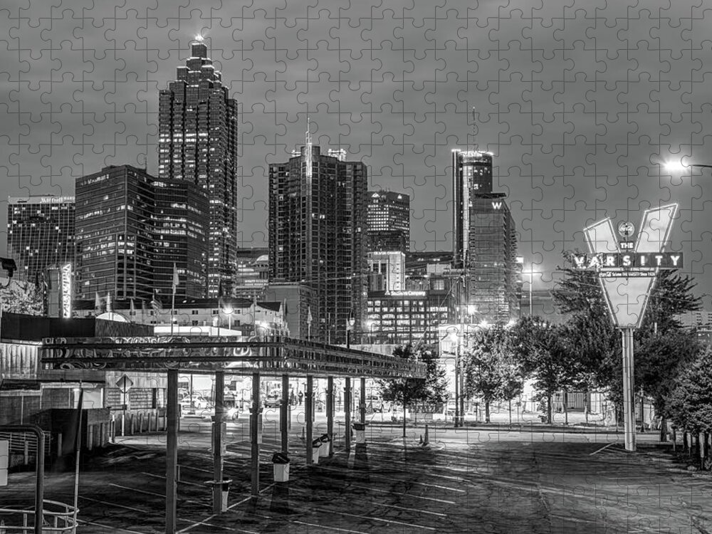 America Jigsaw Puzzle featuring the photograph Atlanta Skyline Over the Varsity - Monochrome Edition by Gregory Ballos