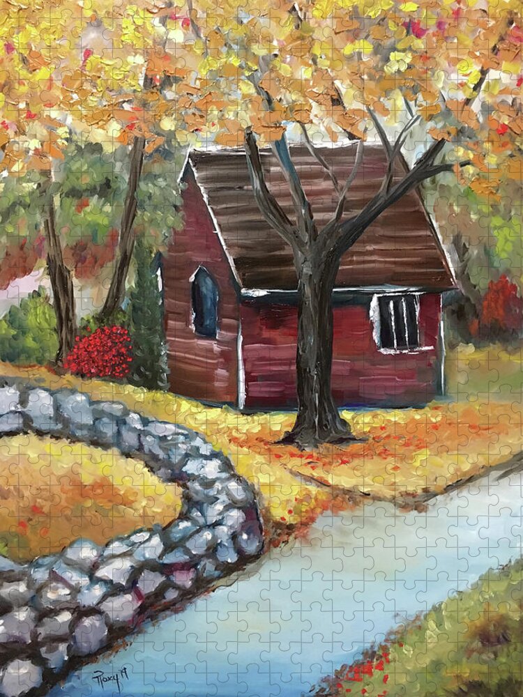 Barn Jigsaw Puzzle featuring the painting Autumn Barn by Roxy Rich