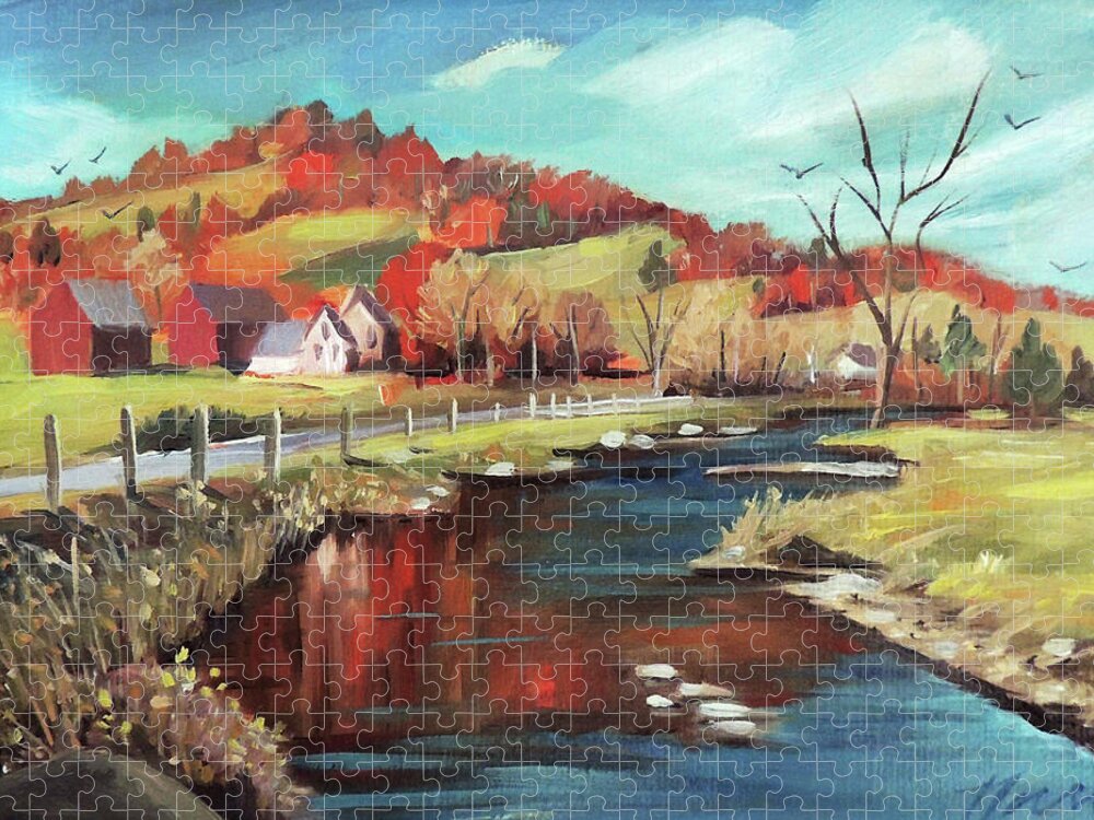 Landscape Jigsaw Puzzle featuring the painting Autumn By The River by Nancy Griswold