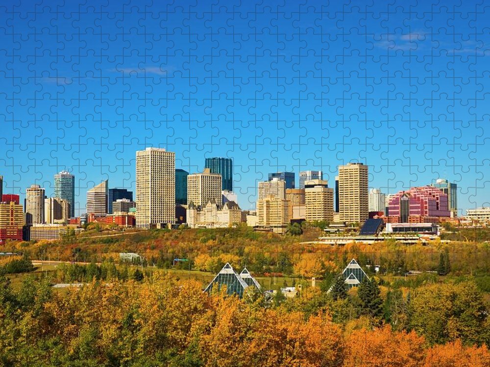 Downtown District Jigsaw Puzzle featuring the photograph Autumn City Skyline Of Edmonton, Alberta by Design Pics