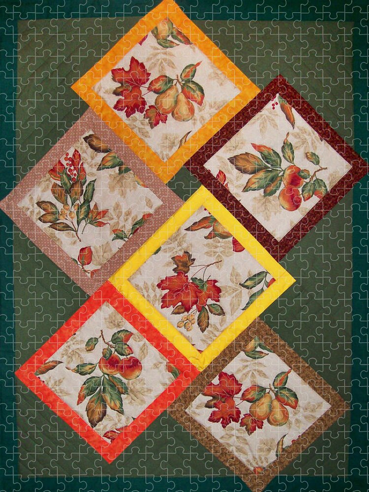 Art Quilt Jigsaw Puzzle featuring the tapestry - textile Autumn Fruit and Leaves by Pam Geisel