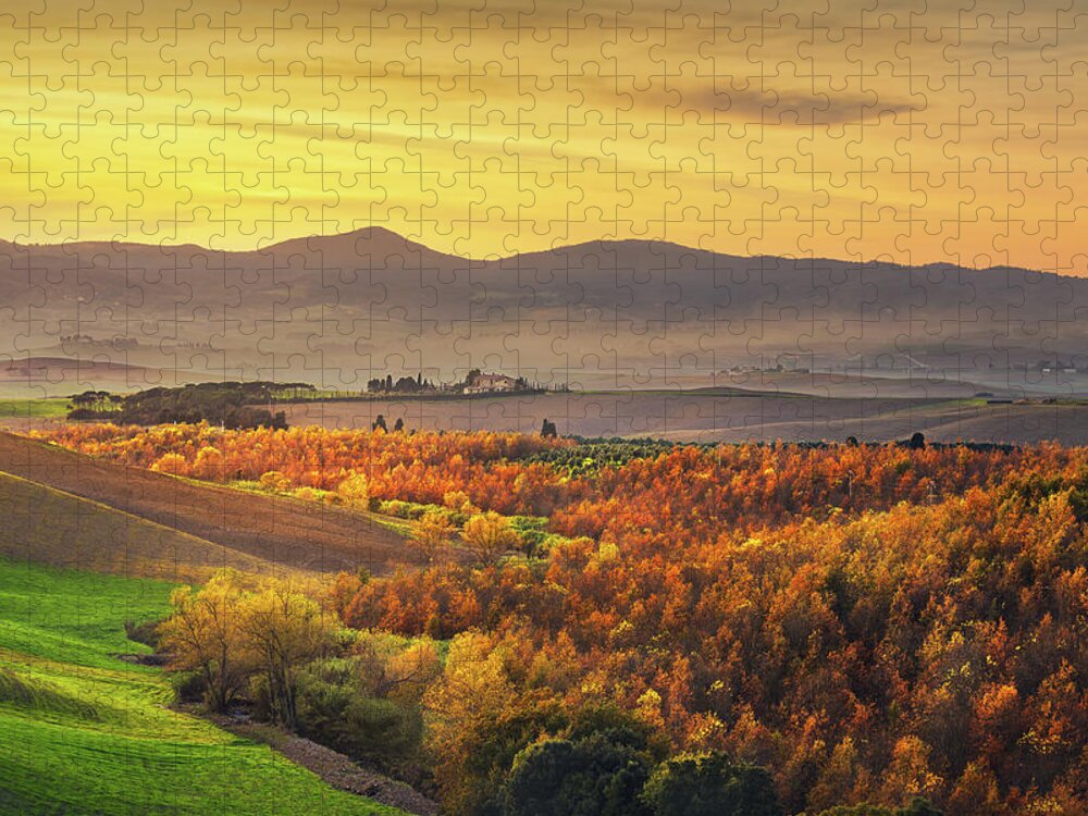 Autumn Jigsaw Puzzle featuring the photograph Autumn panorama in Tuscany by Stefano Orazzini