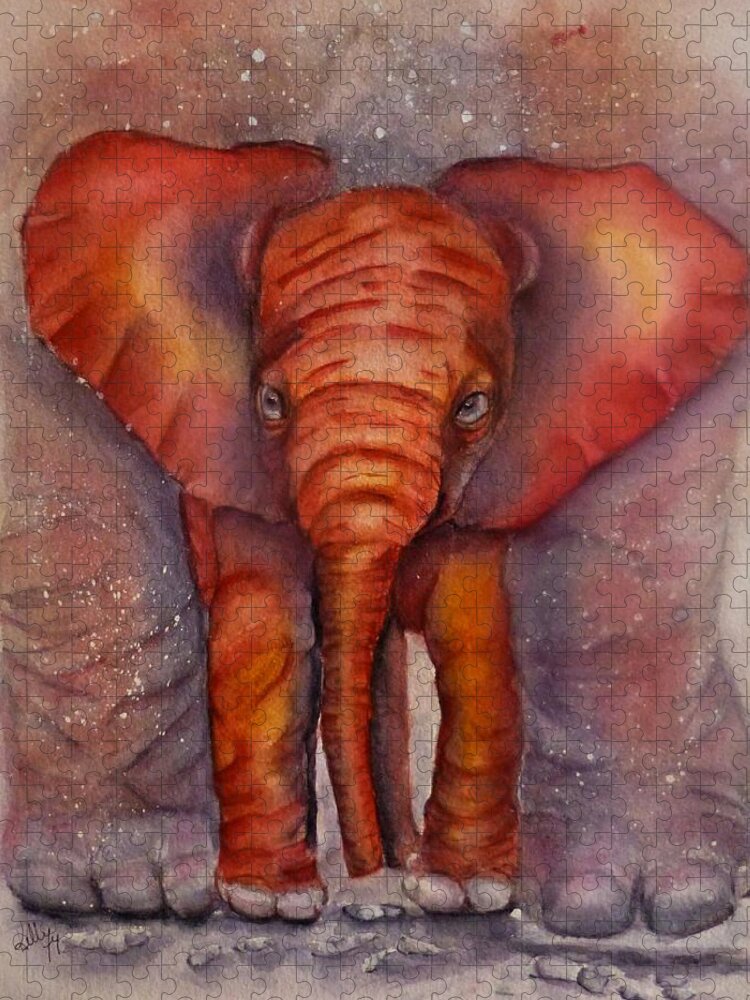 The Playroom Jigsaw Puzzle featuring the painting Baby Elephant Cozy Under Mama by Kelly Mills