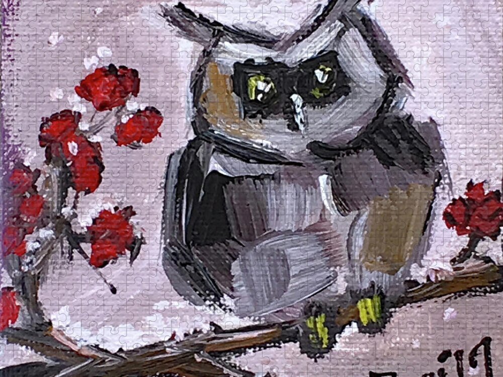 Owl Jigsaw Puzzle featuring the painting Baby Owl with Berries by Roxy Rich