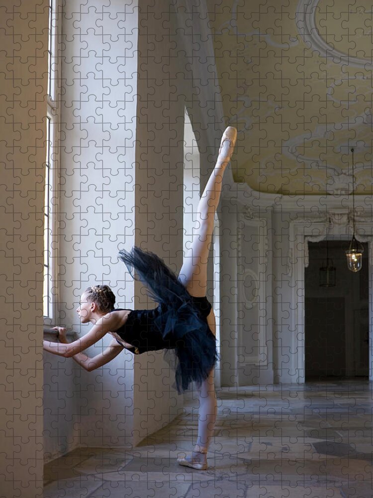 Expertise Jigsaw Puzzle featuring the photograph Ballerina Doing Exercise By Window by Kathrin Ziegler