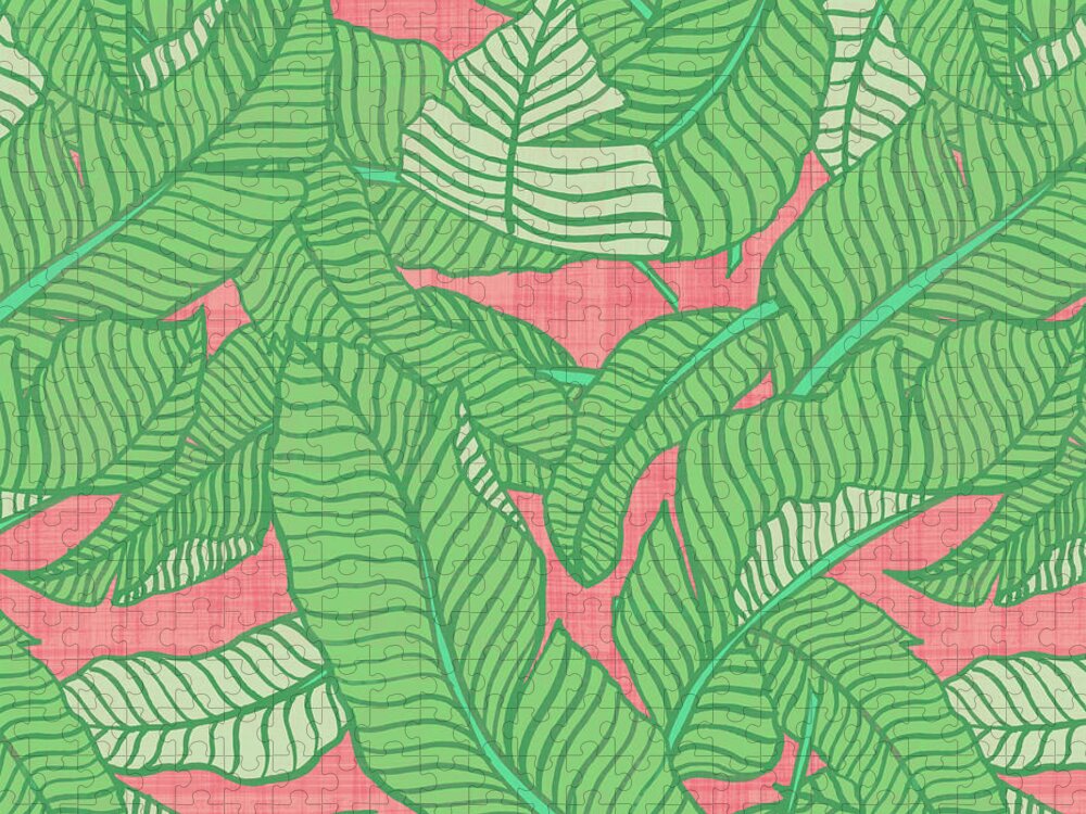 Banana Leaf Jigsaw Puzzle featuring the painting Banana Leaf Pattern Pink by Jen Montgomery