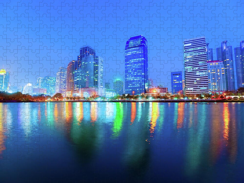 Scenics Jigsaw Puzzle featuring the photograph Bangkok Skyline By Night by Moreiso