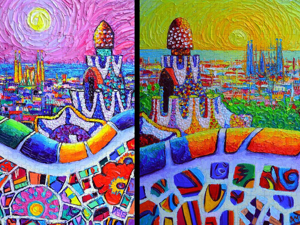 Barcelona Jigsaw Puzzle featuring the painting BARCELONA VIEW FROM PARK GUELL modern impressionist impasto abstract cityscapes Ana Maria Edulescu by Ana Maria Edulescu