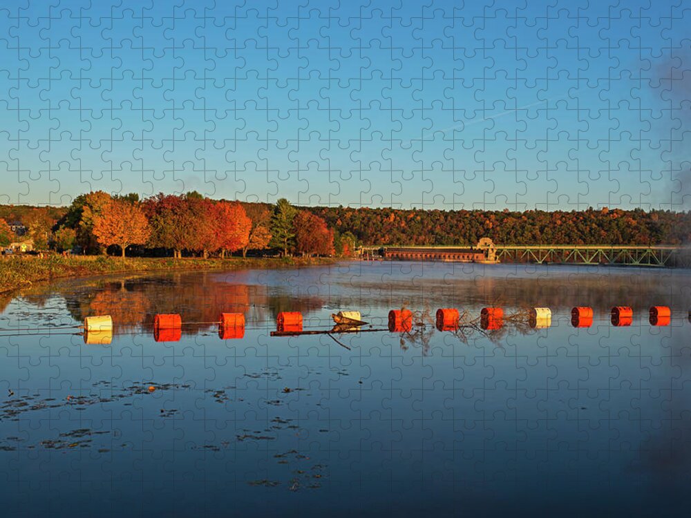 Gill Jigsaw Puzzle featuring the photograph Barton Cove Bridge Sunrise Gill MA Western MA Fall Foliage by Toby McGuire