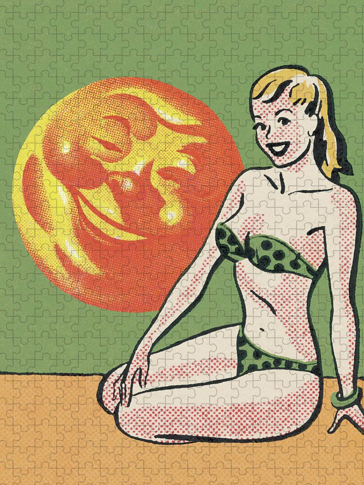 Adult Jigsaw Puzzle featuring the drawing Bathing Beauty in the Sun by CSA Images
