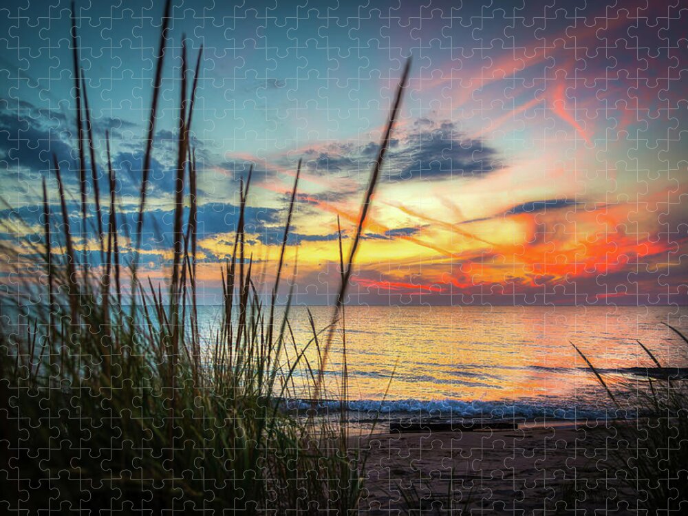 Beach Jigsaw Puzzle featuring the photograph Beach Grass Sunset by Owen Weber