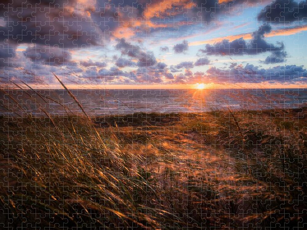 Beachfront Jigsaw Puzzle featuring the photograph Beachfront sunset on Lake Michigan by Owen Weber