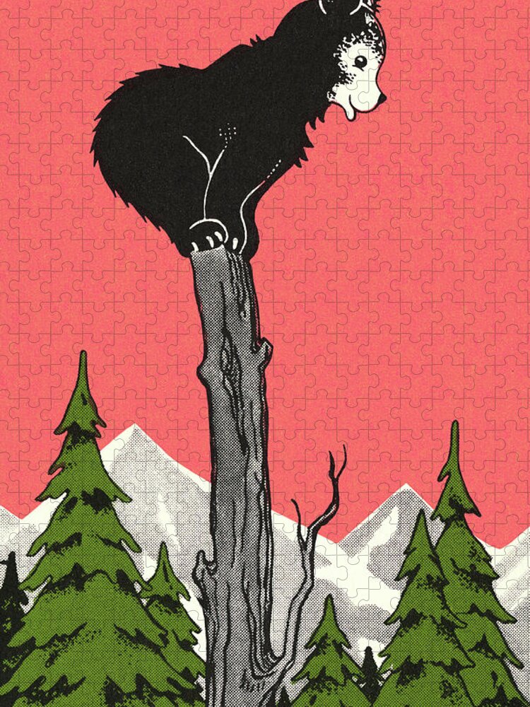 Animal Jigsaw Puzzle featuring the drawing Bear Cub Standing on a Tree Stump by CSA Images