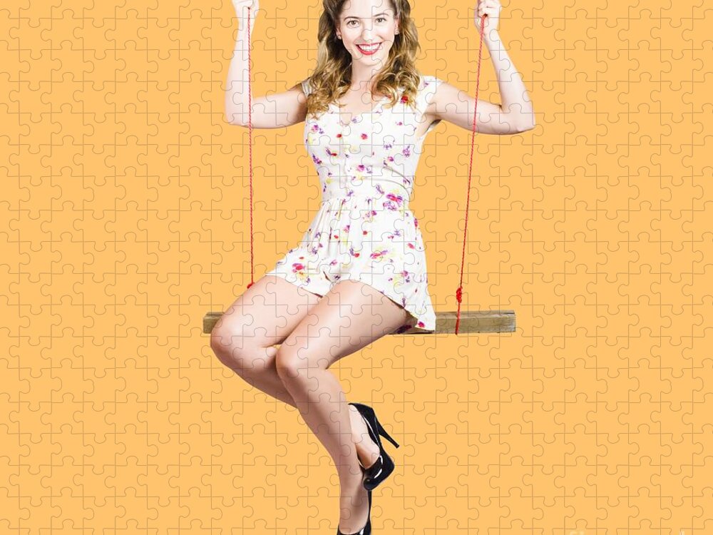 Retro Jigsaw Puzzle featuring the photograph Beautiful fifties pin up girl smiling on swing by Jorgo Photography