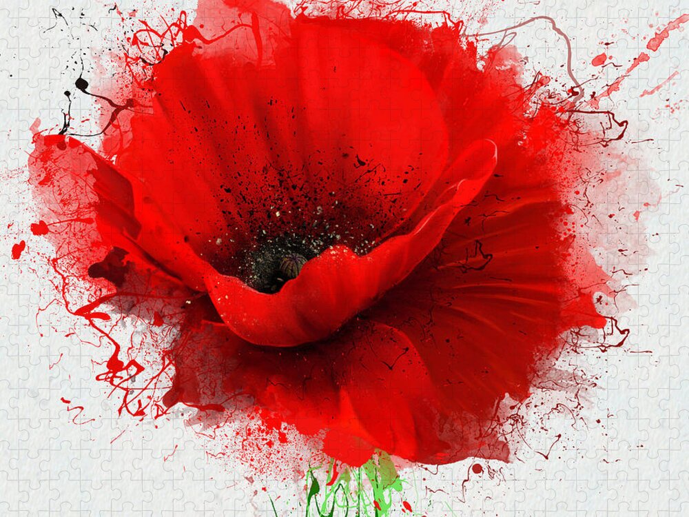 Beauty Jigsaw Puzzle featuring the digital art Beautiful Red Poppy Closeup On A White by Pacrovka