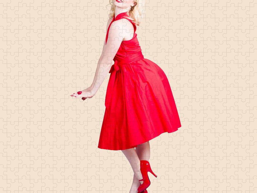 Fashion Jigsaw Puzzle featuring the photograph Beautiful woman model in red dress and high heels by Jorgo Photography